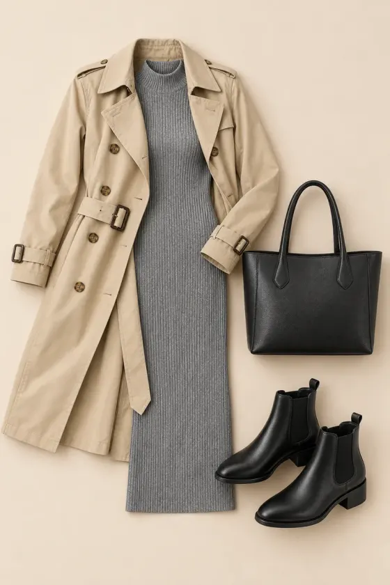 A trench coat over a knit dress with Chelsea boots and a tote